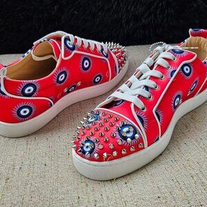 Christian Louboutin Men Shoes Red Canvas Silver Tone Stud Sneaker Italy Size 42